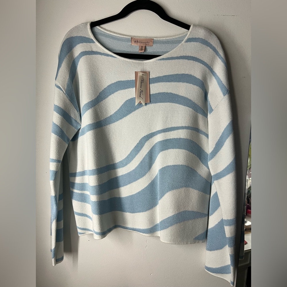 Philosophy Light Blue and White Abstract Wave Pattern Sweater